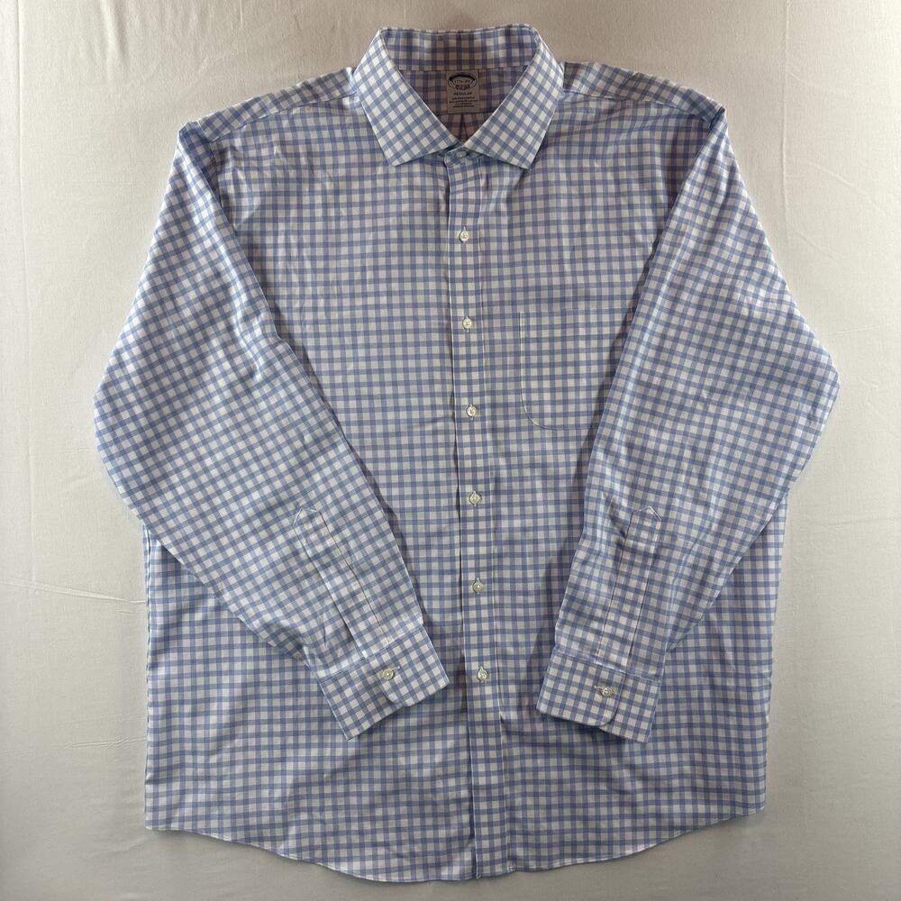 Brooks Brothers Long S Dress Shirt 17.5 35 Blue Windowpane Supima Cotton Noiron